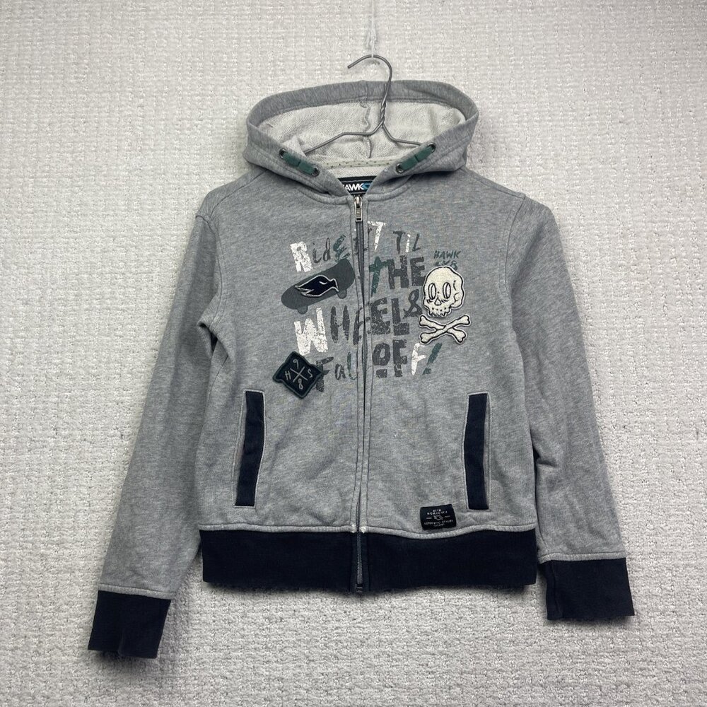 Y2K Tony Hawk Hoodie Boys Grey / Blue Skate Skull AOP Embroidery Full Zip Read